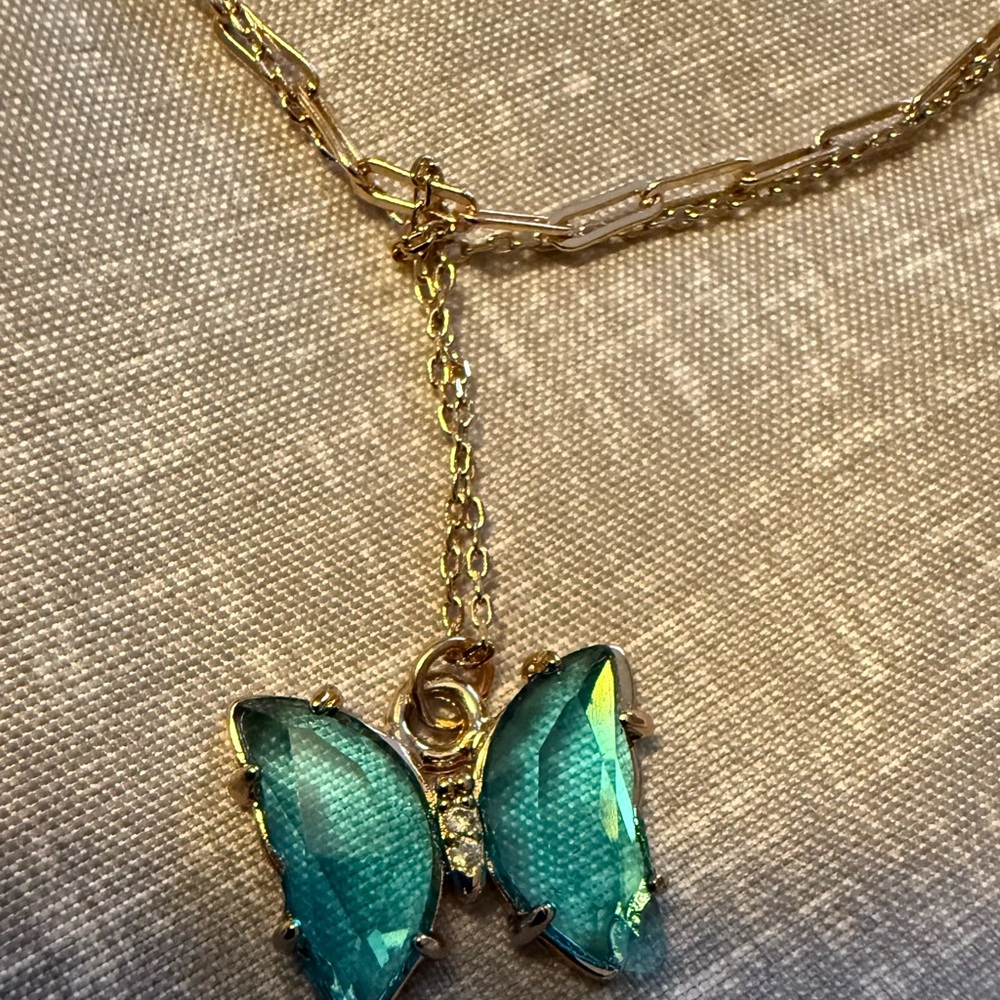 Elegant Gold Necklace with Turquoise Butterfly Pendant - Picture 2 of 3